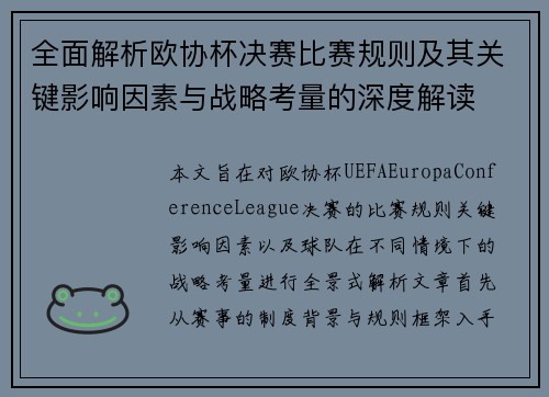 全面解析欧协杯决赛比赛规则及其关键影响因素与战略考量的深度解读