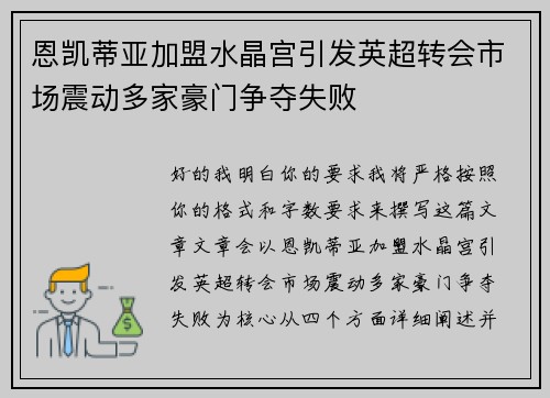 恩凯蒂亚加盟水晶宫引发英超转会市场震动多家豪门争夺失败